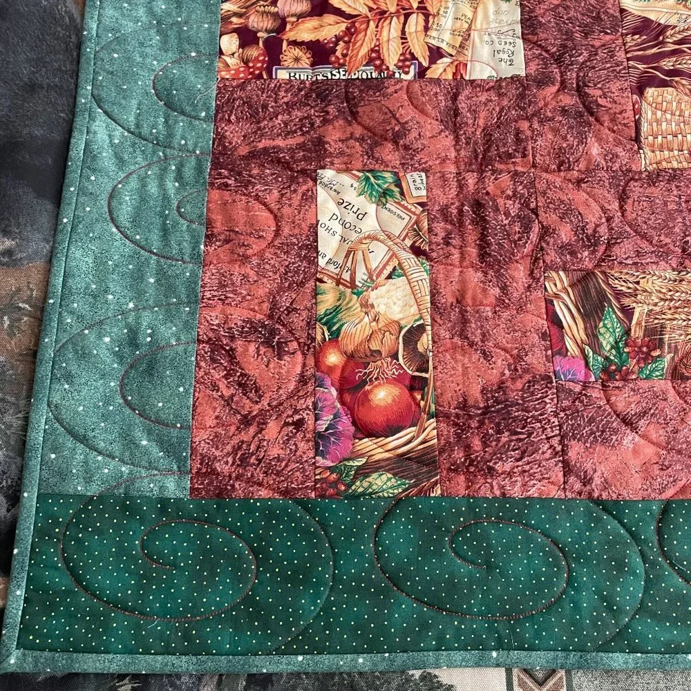 Handmade Harvest Lap Quilt Split Rail Greens & Browns Fall Leaf Berries 43 x 52